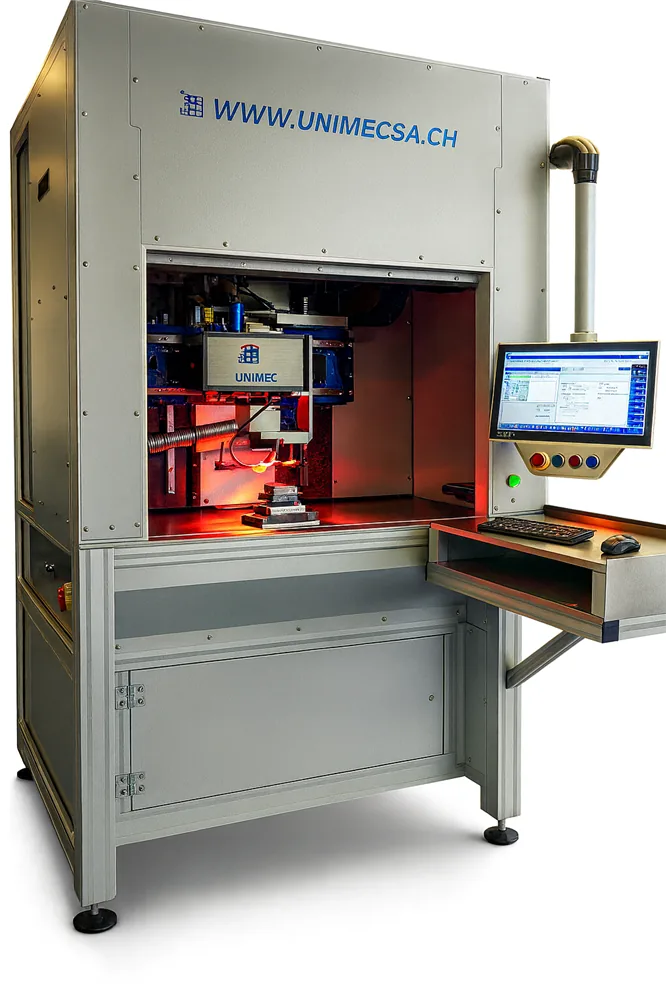 Machine laser UNIMEC avec enceinte éclairée de rouge et écran